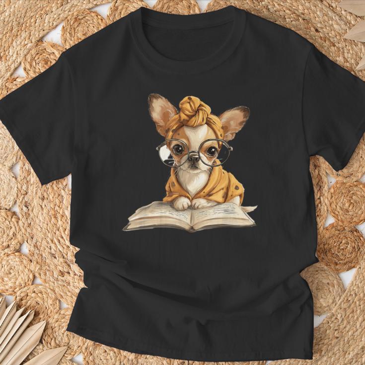 Tiny Puppy Open Book Reading Dog Lover Graphic Round Glasses T-Shirt Gifts for Old Men