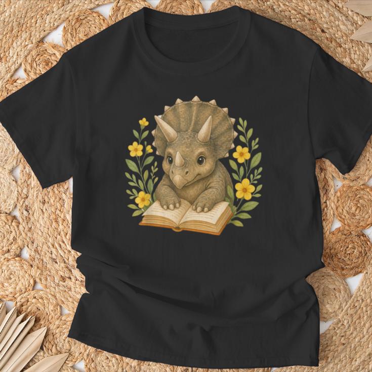Triceratops Dinosaur Reading Book Flowers Floral T-Shirt Gifts for Old Men