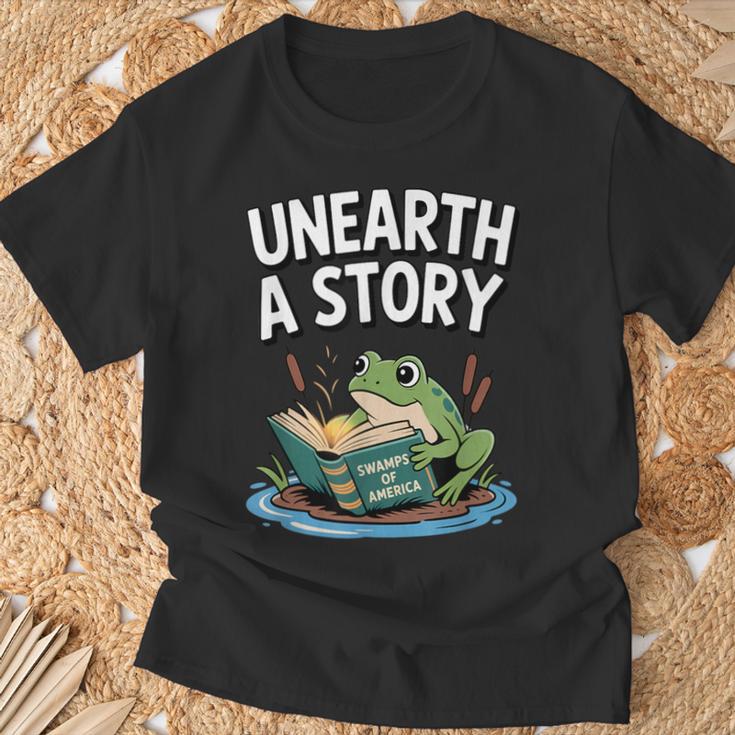 Unearth a Story Frog Reading a Book Summer 2026 T-Shirt Gifts for Old Men
