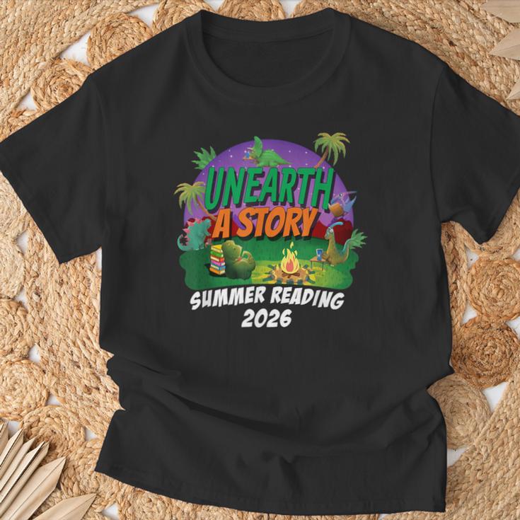 Unearth a Story Summer Reading 2026 Dinosaur T-Rex Book T-Shirt Gifts for Old Men