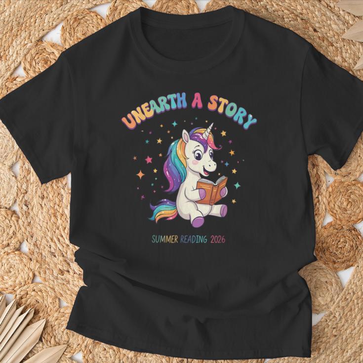 Unicorn Reading a Book Unearth a Story Program 2026 T-Shirt Gifts for Old Men