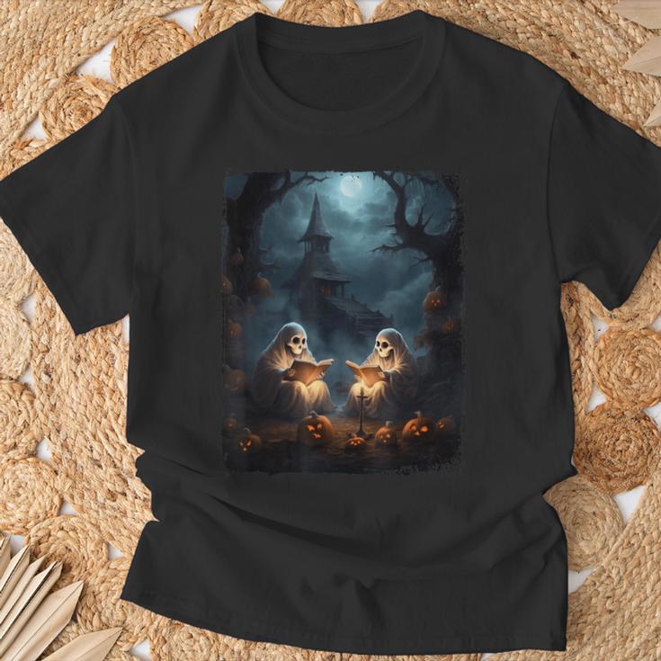 Vintage Boo Halloween Camping Reading Teacher Books Ghost T-Shirt Gifts for Old Men