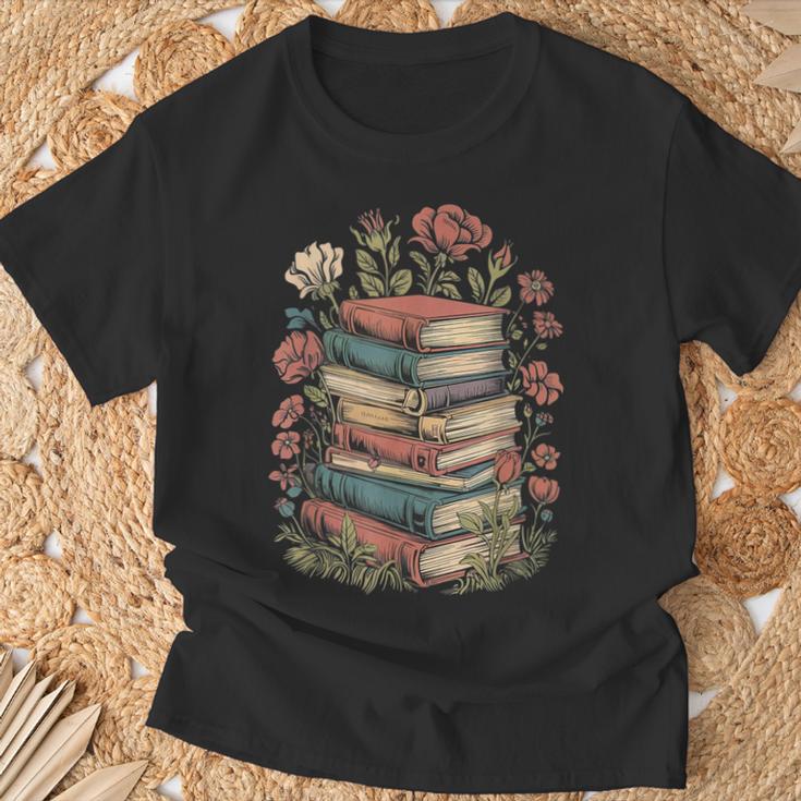 Vintage Books And Flowers Botanical Reading Illustration T-Shirt Gifts for Old Men