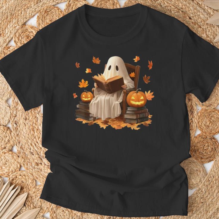 Vintage Ghost Reading Book Pumpkin Halloween Books Lover T-Shirt Gifts for Old Men