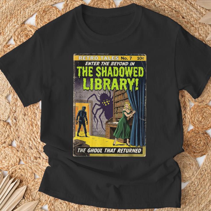Vintage Horror Comic Book Cover Shadowed Library Zombie T-Shirt Gifts for Old Men
