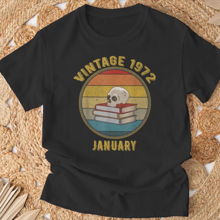 Vintage January 1972 Dark Academia Skull On Books Distressed T-Shirt Gifts for Old Men