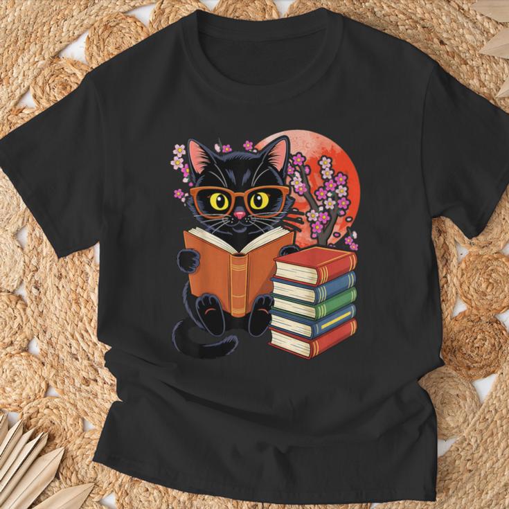 Vintage Japanese Cat Book Lovers Librarian Dad Teacher T-Shirt Gifts for Old Men