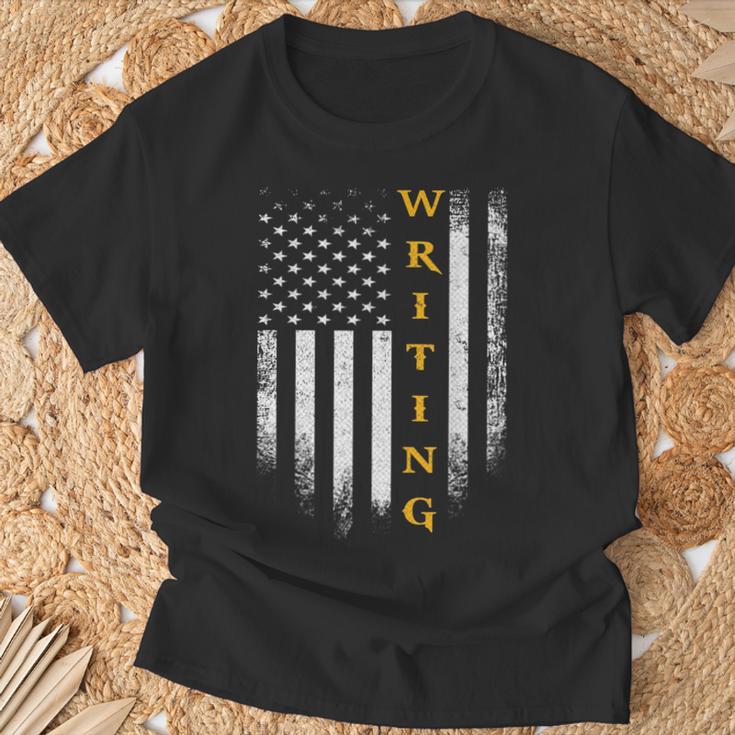 Vintage USA American Flag Writing Book Write Writer Women Kids Men T-Shirt Gifts for Old Men