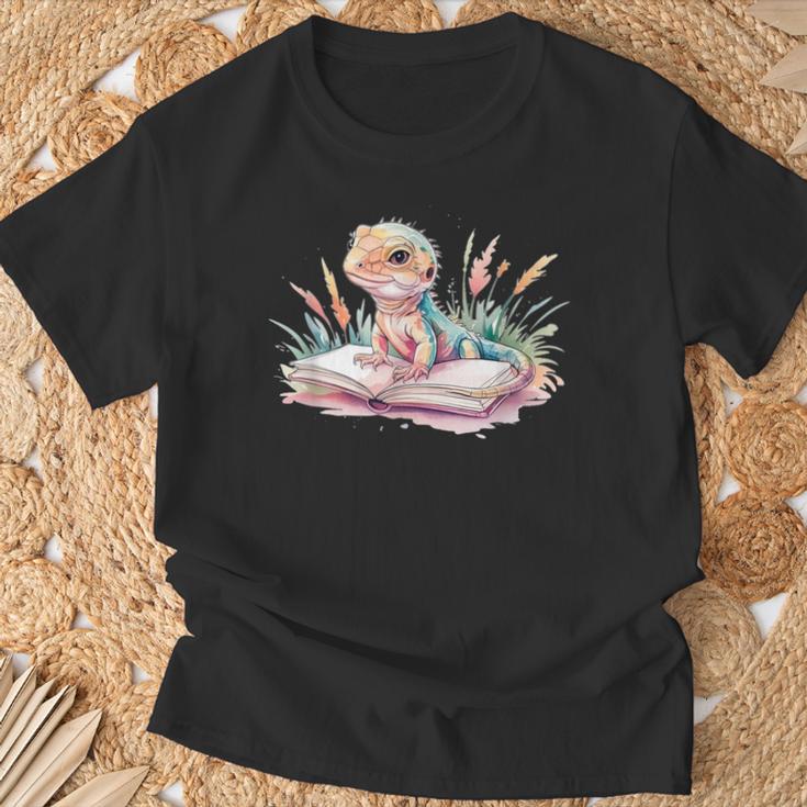 Watercolor Lizzard Reading Book Cute Kids T-Shirt Gifts for Old Men