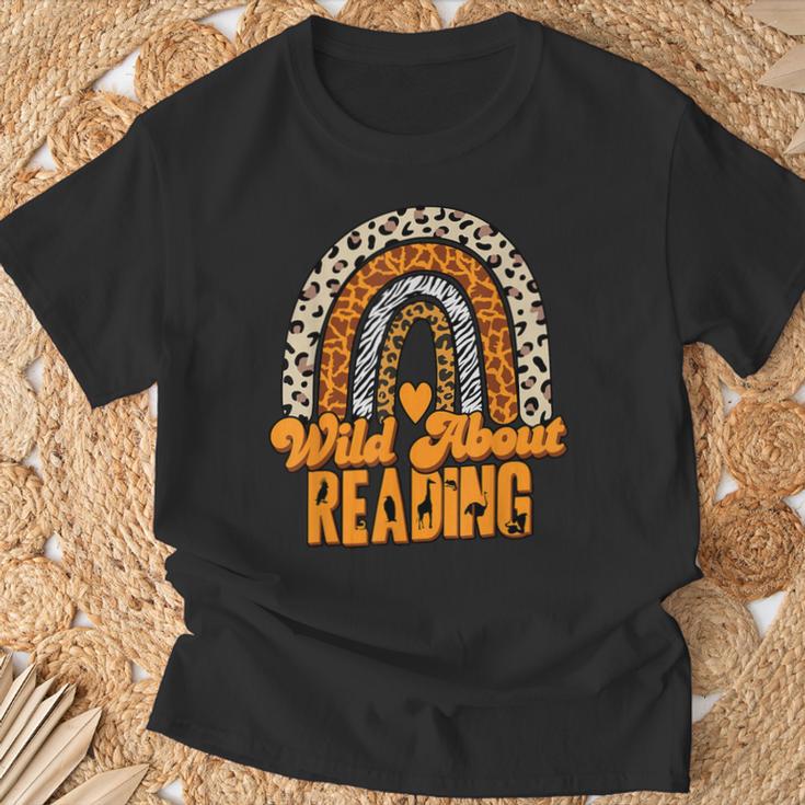 Wild About Reading Books Teacher Leopard Rainbow Men Women Kids T-Shirt Gifts for Old Men