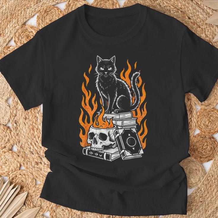 Witchy Creepy Goth Cat Skull Flames Occult Magic Books T-Shirt Gifts for Old Men