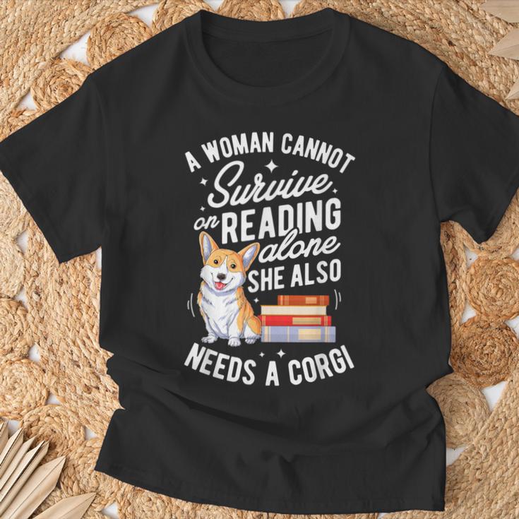 A Woman Cannot Survive On Reading AloneShirt Corgi Book T-Shirt Gifts for Old Men