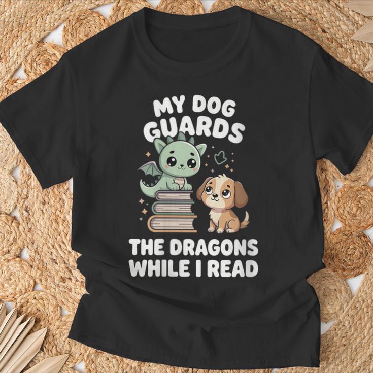 Women's Cute Fantasy Book Reader Apparel Dog Dragon Bookish Magic T-Shirt Gifts for Old Men