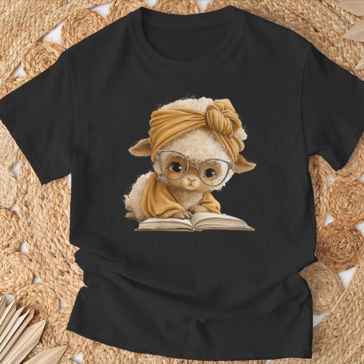 Women's Cute Lamb Reading Book Lover Animal Graphic Baby Sheep Open T-Shirt Gifts for Old Men