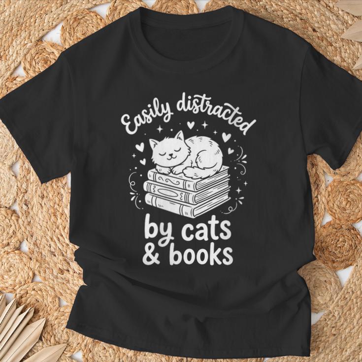 Women's Easily Distracted By Cats And Books T-Shirt Gifts for Old Men
