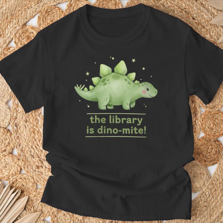 Women's The Library Is Dino-Mite Stegosaurus Reading Kids Book T-Shirt Gifts for Old Men