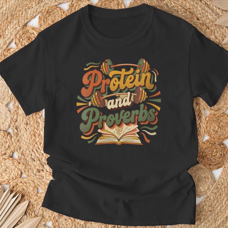 Women's Protein And Proverbs Protein Workout Book Lover Retro T-Shirt Gifts for Old Men
