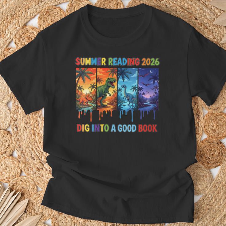 Women's Summer Reading 2026 Unearth A Story Dinosaur Books T-Shirt Gifts for Old Men