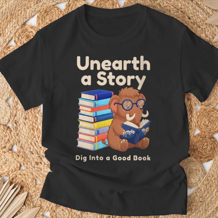 Women's Unearth A Story Reading Mammoth Prehistoric Book Librarian T-Shirt Gifts for Old Men