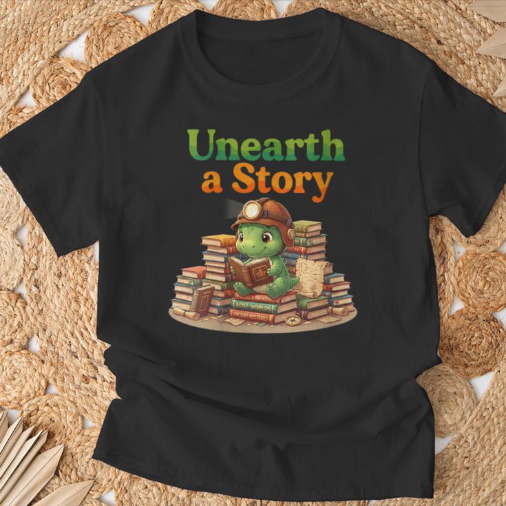 Women's Unearth a Story Summer 2026 Dinosaur Reading Books Dino T-Shirt Gifts for Old Men