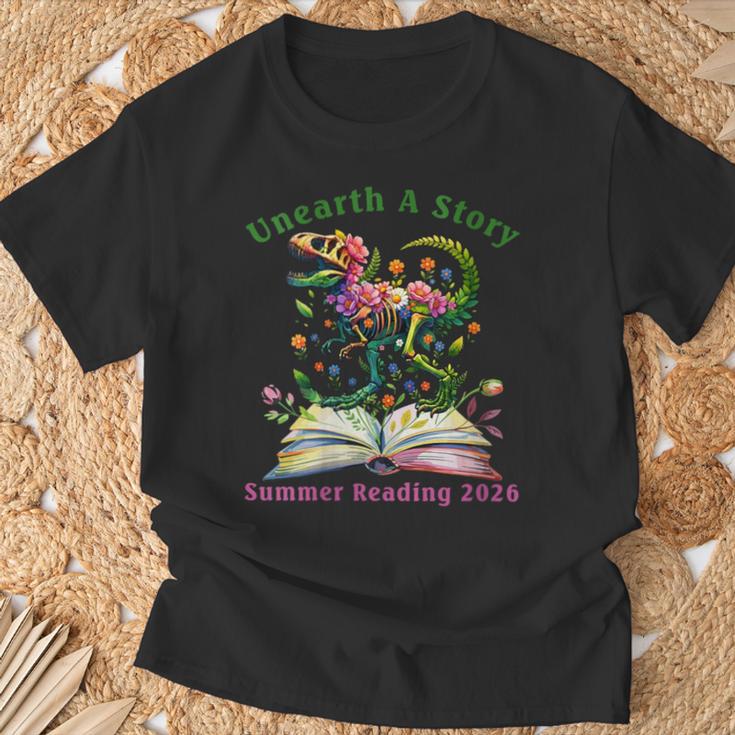 Women's Unearth A Story Summer Reading 2026 Dinosaur Book Floral T-Shirt Gifts for Old Men