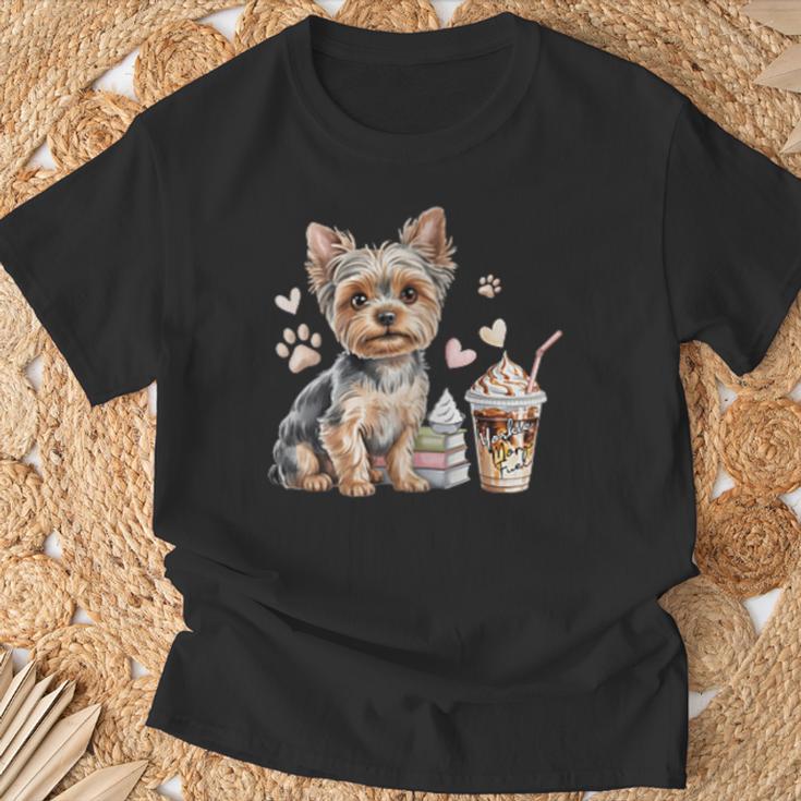 Women's Yorkie Dog Moms Iced Coffee And Books Yorkshire Terrier T-Shirt Gifts for Old Men