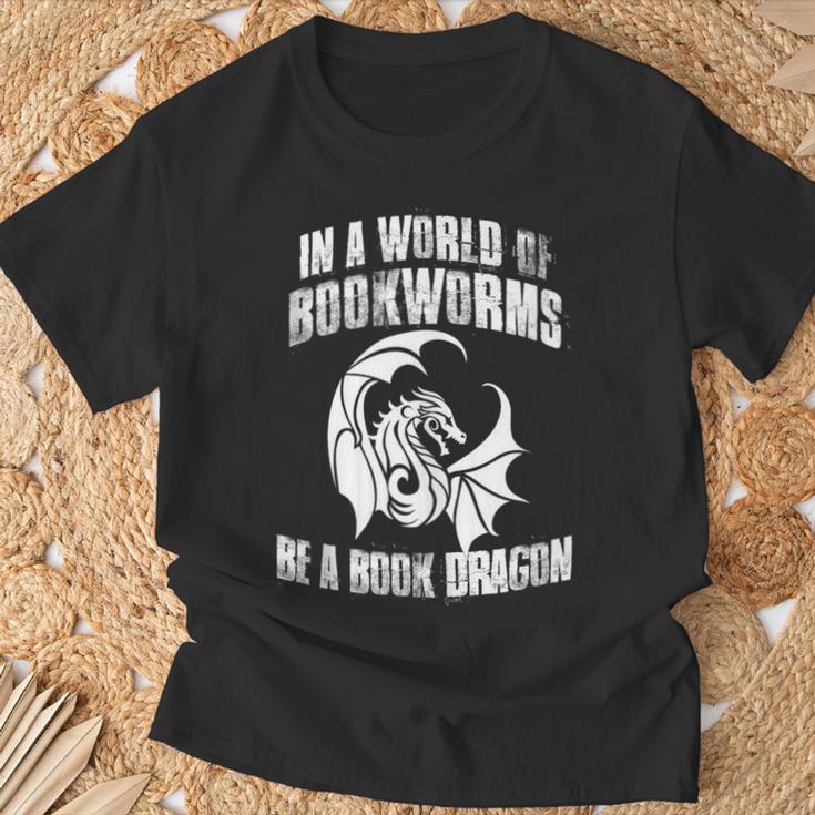In A World Of Bookworms Be A Book Dragon Inspirational T-Shirt Gifts for Old Men
