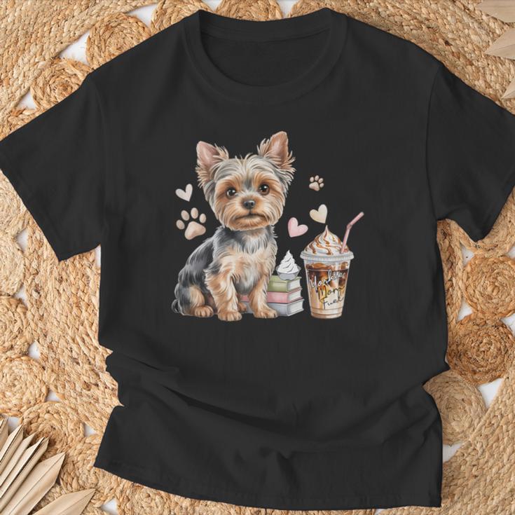 Yorkie Dog Moms Iced Coffee And Books Yorkshire Terrier T-Shirt Gifts for Old Men