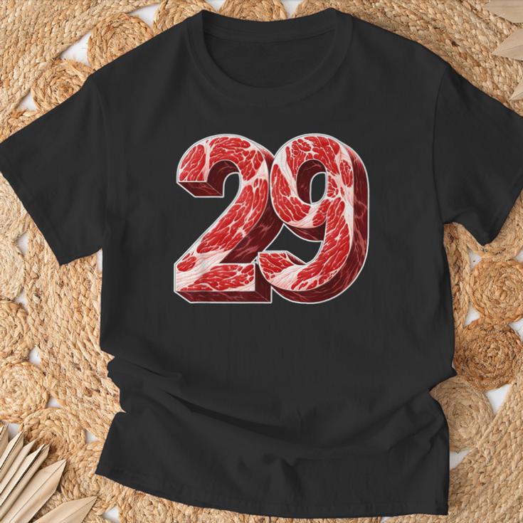 「29」肉 にく ニク 豚肉 牛肉 食べ物 肉食 ダジャレ 美食 焼肉 29 二九 ケトジェニック・ダイエット 数字 Tシャツ 高齢者への贈り物
