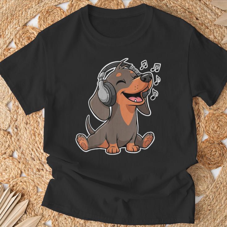 かわいいダックスフント音楽愛好家ヘッドフォン Tシャツ 高齢者への贈り物