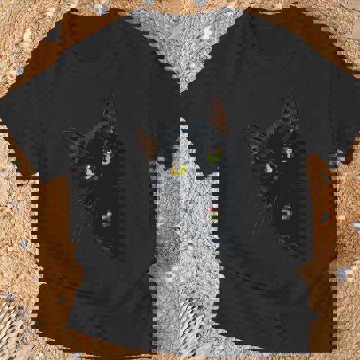 こっそり猫 物陰からじっと見つめる黒猫デザイン 長袖tシャツ Tシャツ 高齢者への贈り物