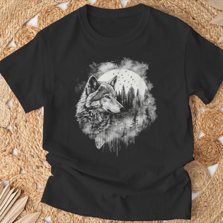 オオカミの絵 プリント 神秘的なオオカミの森 月 遠吠え Tシャツ 高齢者への贈り物