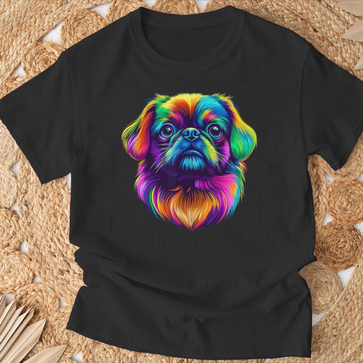 カラフル ペキニーズ犬の顔 かわいい 子犬好き 男性 女性 黒 Tシャツ 高齢者への贈り物