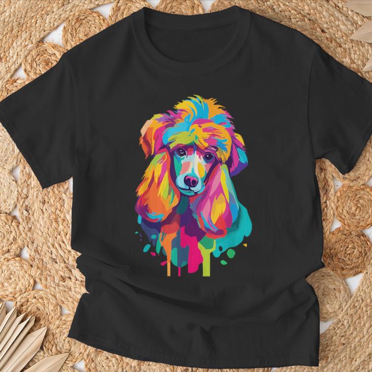 カラフルなポップアートデザイン スタンダードプードル犬 Tシャツ 高齢者への贈り物