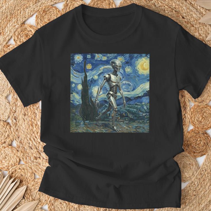 ゴッホ 星月夜 未来アート 面白い ロボット ウォーキング Tシャツ 高齢者への贈り物
