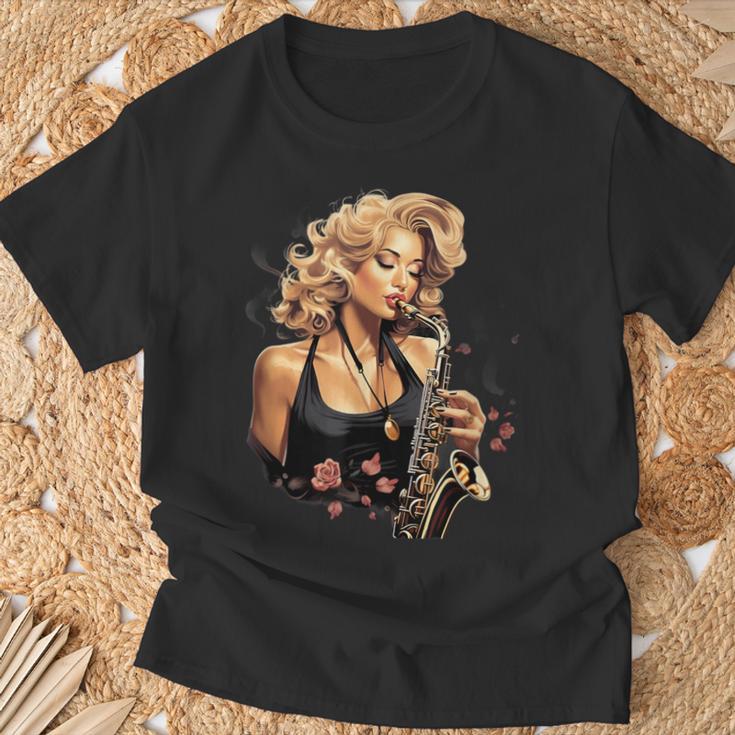 サックスを吹くピンナップの女の子 サックス奏者 ヴィンテージ Tシャツ 高齢者への贈り物