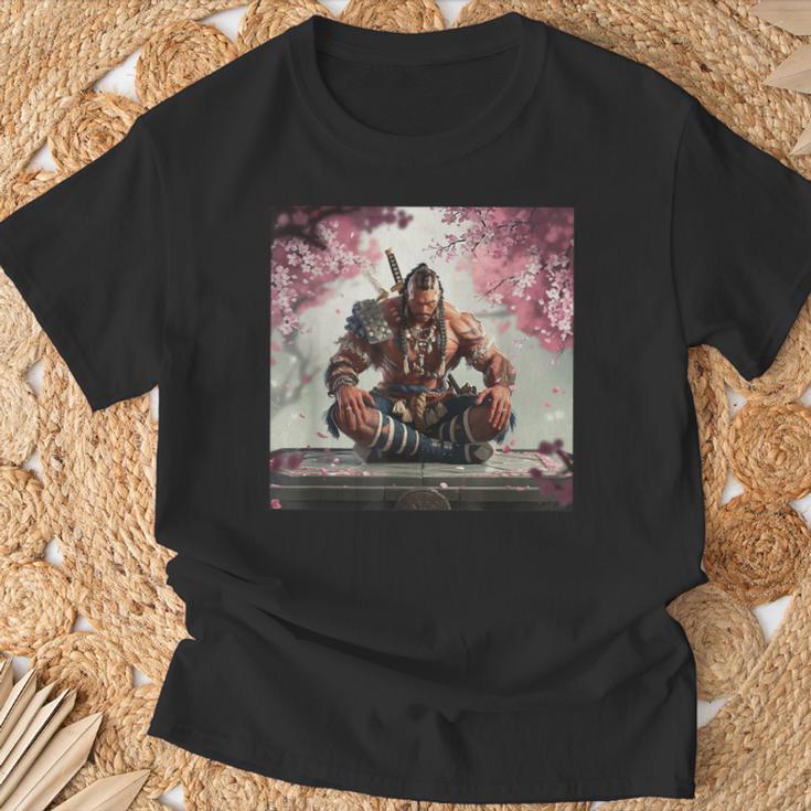 サムライ アフロ アフリカ 瞑想 桜の下 Tシャツ 高齢者への贈り物