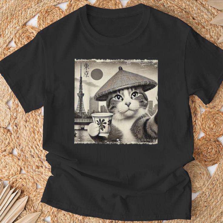 サムライ 猫 すすり茶 東京タワー 和 Tシャツ 高齢者への贈り物