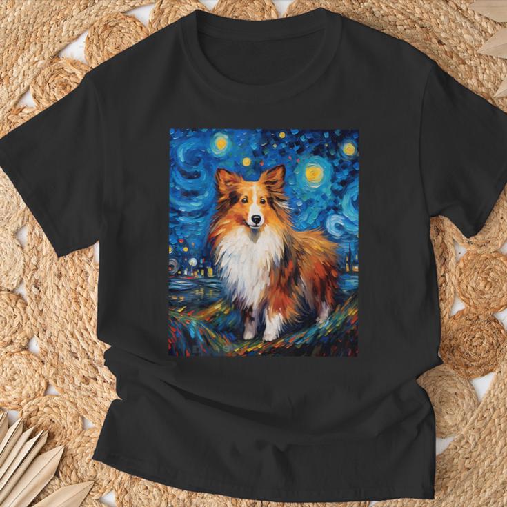 シュールな星月夜シェルティドッグ Tシャツ 高齢者への贈り物