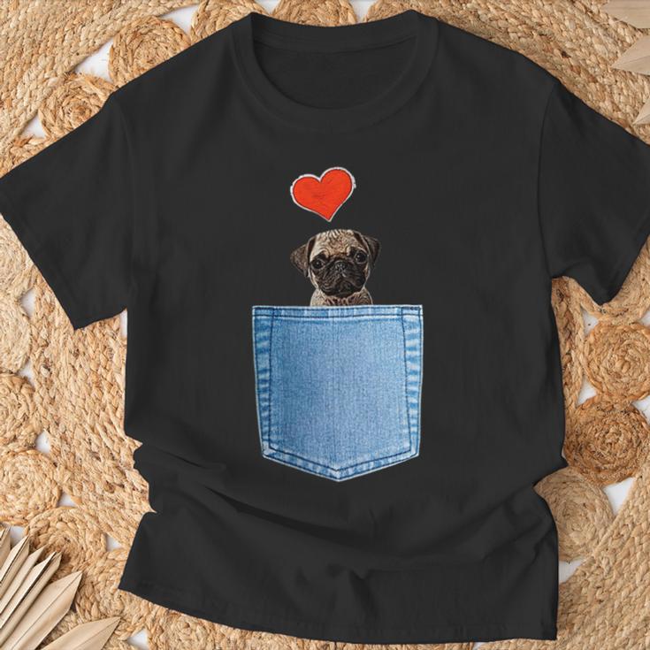 ジーンズポケット付きシャツ パグ犬とハート犬のモチーフ Tシャツ 高齢者への贈り物