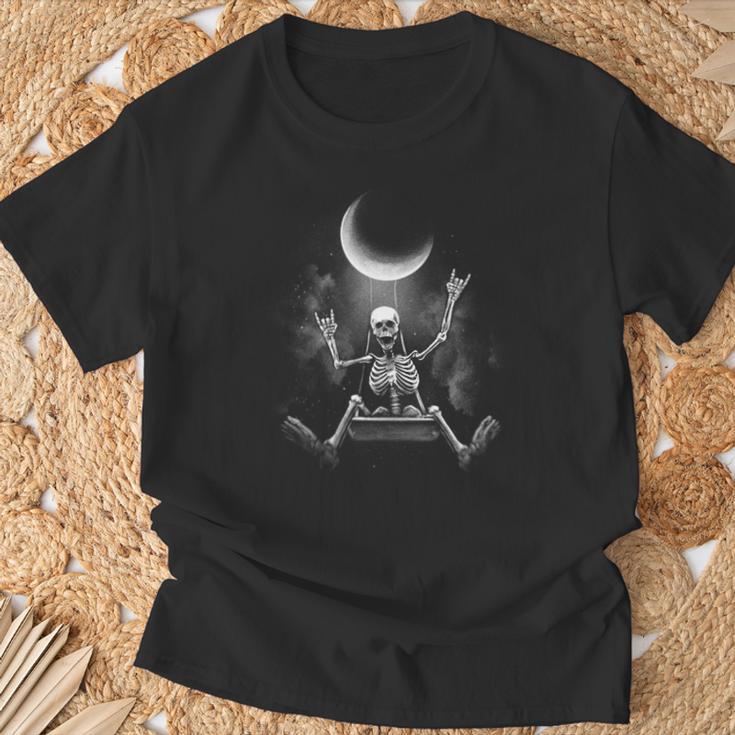 スケルトンロックオンムーン不気味なハロウィンロックバンド 怖い 長袖tシャツ Tシャツ 高齢者への贈り物