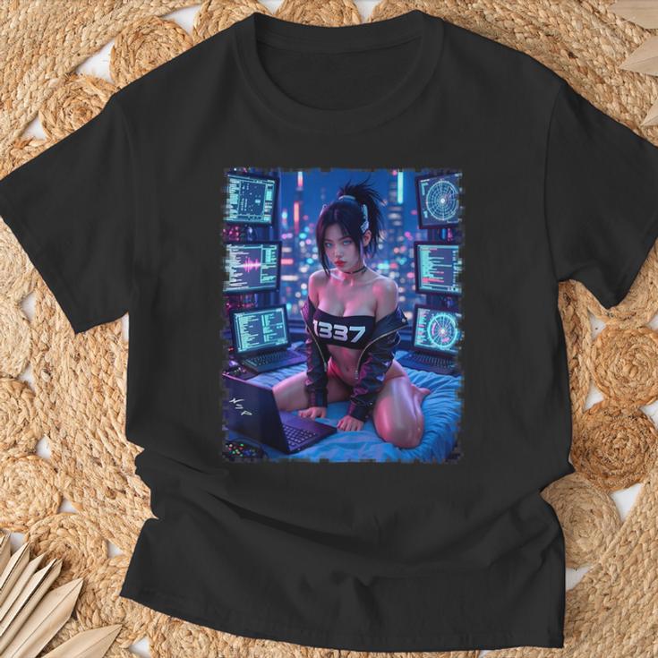 セクシーガールグラフィックtシャツ 1337 サイバーパンク ハッカーガール Tシャツ 高齢者への贈り物