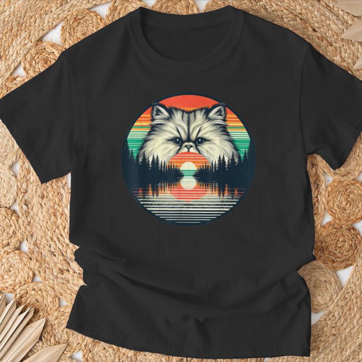 チンチラ ペルシャ猫 夕日 レトロスタイル ヴィンテージ 80年代 70年代 Tシャツ 高齢者への贈り物