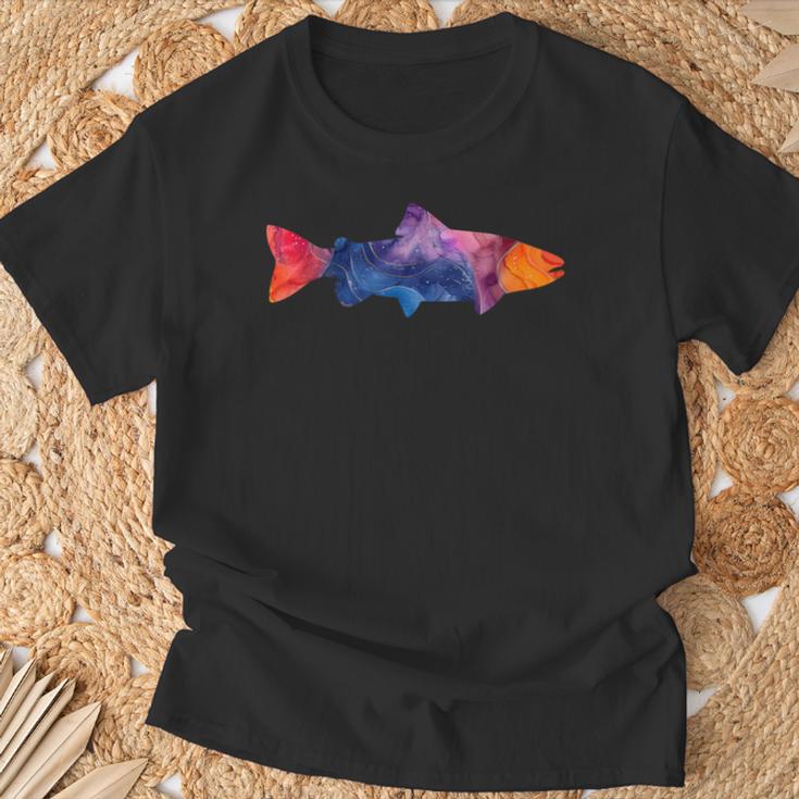 トラウトフィッシュのシルエット アートな水彩画 Tシャツ 高齢者への贈り物