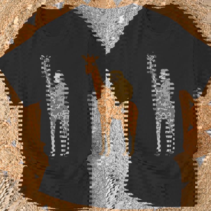 ナマケモノ キリン 面白い 怠惰なナマケモノ 動物 乗る キリン 長袖tシャツ Tシャツ 高齢者への贈り物