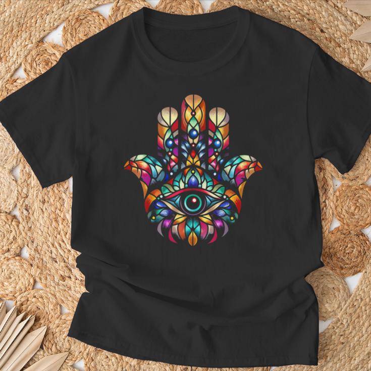 ハムサ カムサ シンボル ステンドグラス アートスタイル クリスマス Tシャツ 高齢者への贈り物