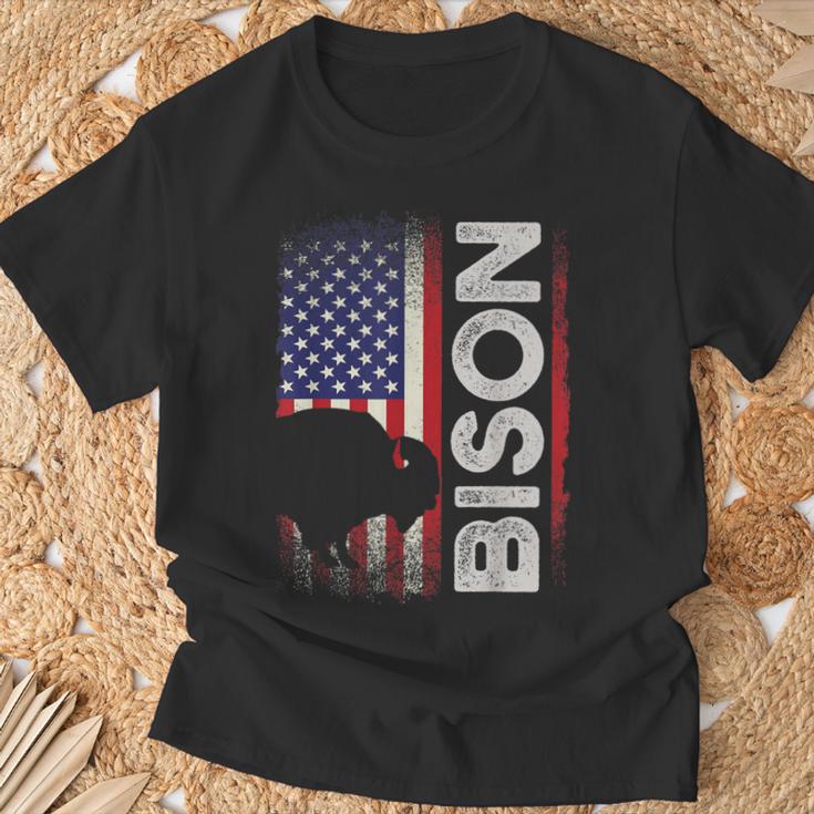ハンティング アメリカンバイソン クリエイティブ ユーズド加工 アメリカ国旗 ハンター Tシャツ 高齢者への贈り物