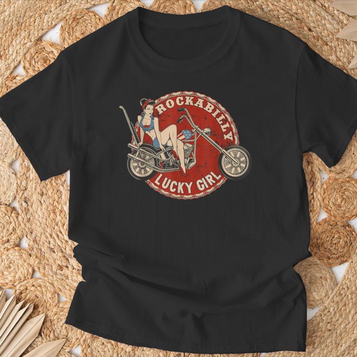 バイク ピンナップガール オールドスクール ロカビリー ラッキーガール Tシャツ 高齢者への贈り物