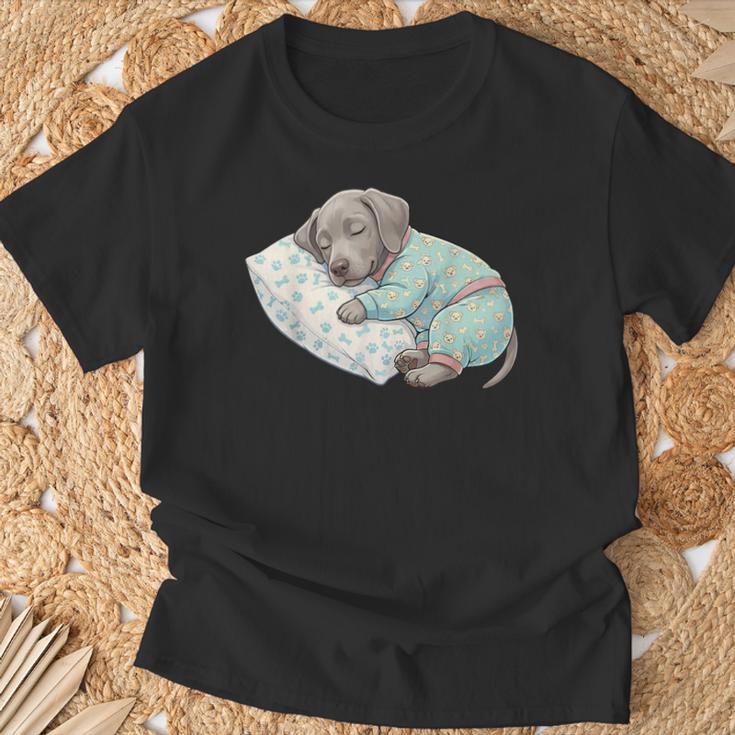 パジャマで寝ているかわいいワイマラナー犬就寝アート Tシャツ 高齢者への贈り物