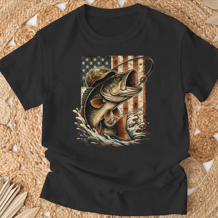 ビンテージバスフィッシング迷彩、アメリカ国旗。 長袖tシャツ Tシャツ 高齢者への贈り物